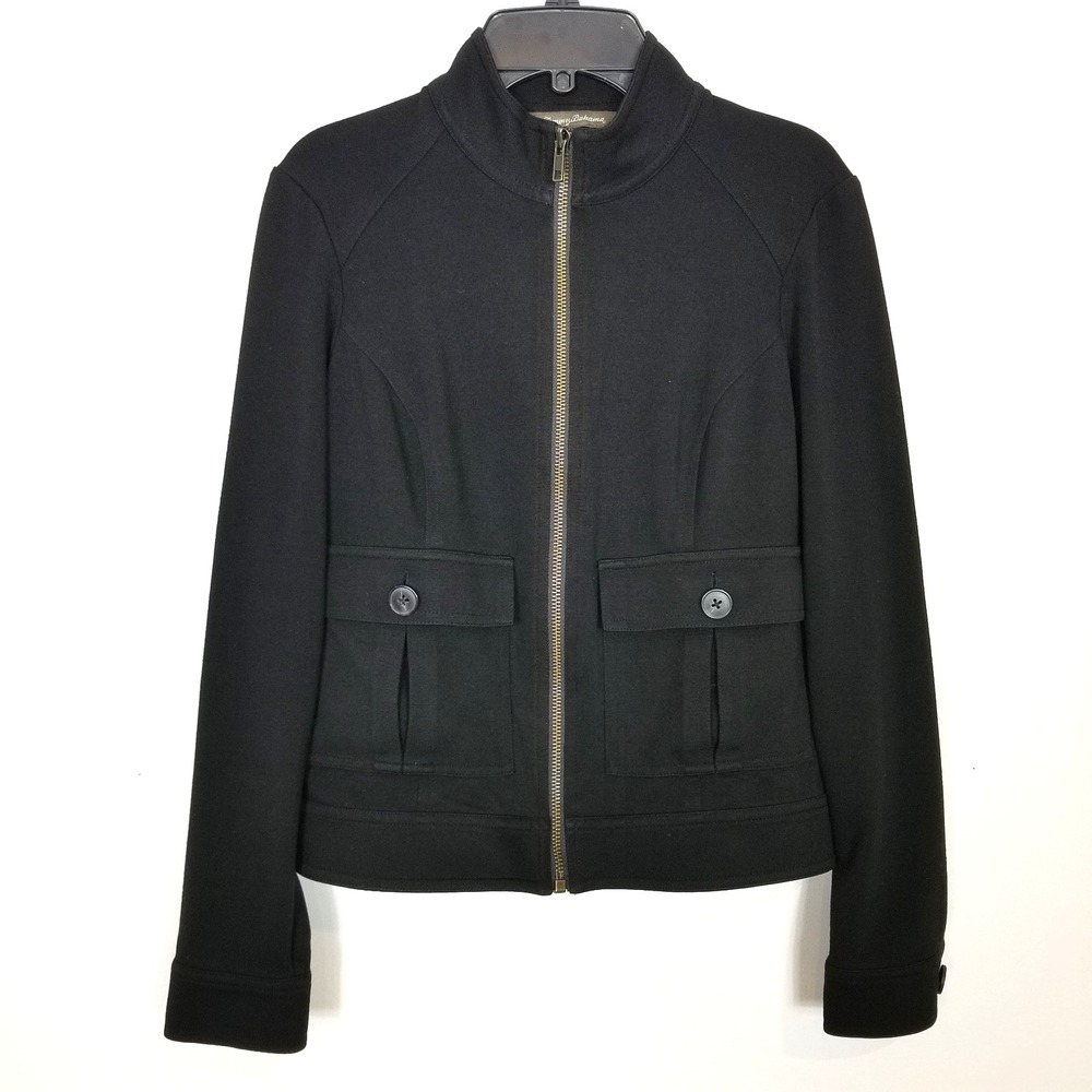Tommy Bahama Women Zip Up Crop Terry Jacket Sz XS Black Lightweight Pockets